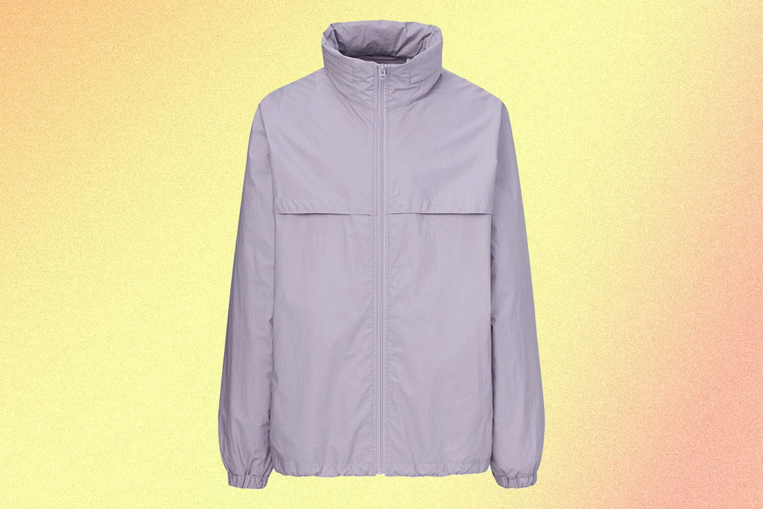 a lavender blouson jacket on a yellow background
