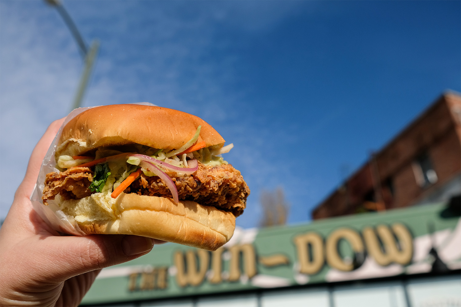 The Win~Dow's fried chicken sandwich.