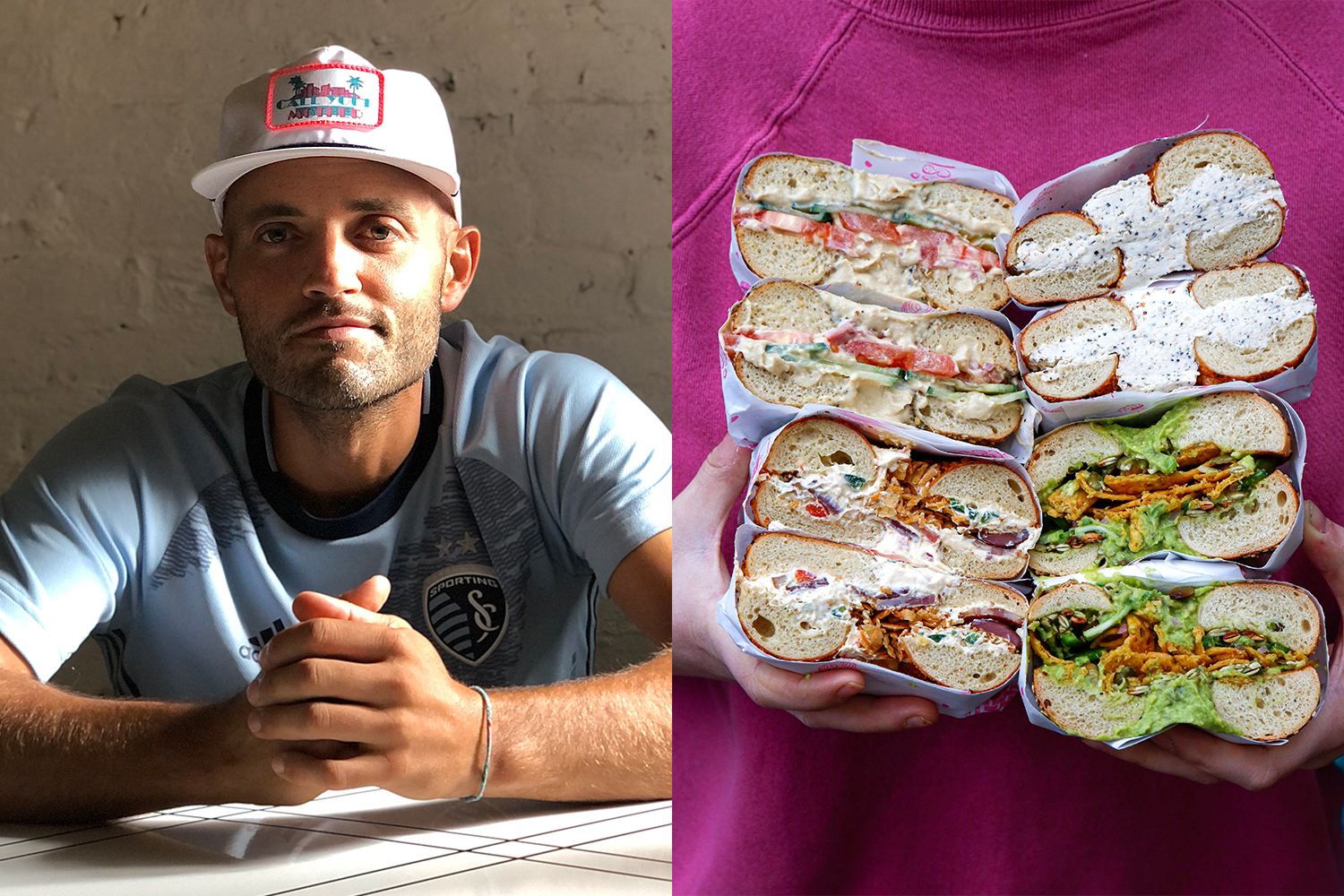 Left: Andrew Dana of Call Your Mother deli and Timber Pizza. Right: Bagel sandwiches from Call Your Mother Deli