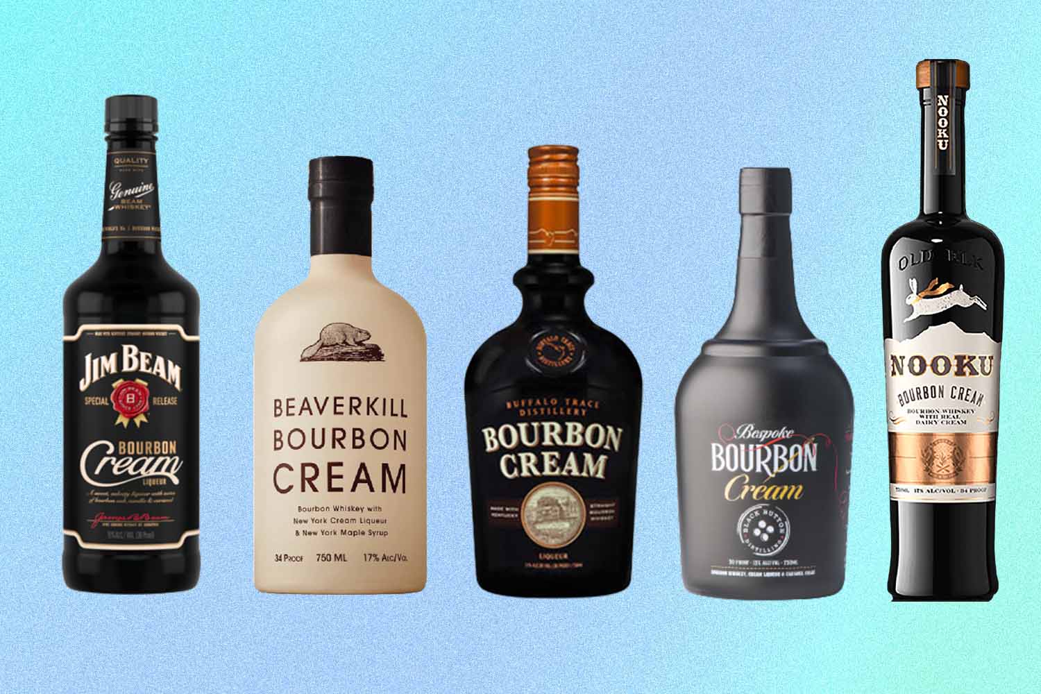 five bottles of different bourbon creams