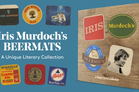 An ad for the book "Iris Murdoch's Beermats" which collects the bar coasters of famed U.K. writer Iris Murdoch