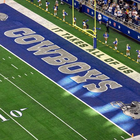 The Dallas Cowboys logo is seen in the end zone during the NFC Wild Card game