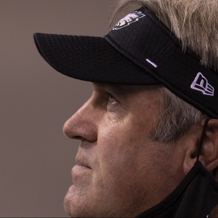 Former Eagles head coach Doug Pederson looks on prior to a game against the Giants. Pederson is now the coach in Jacksonville, where he's expected to elevate Trevor Lawrence's play at QB.