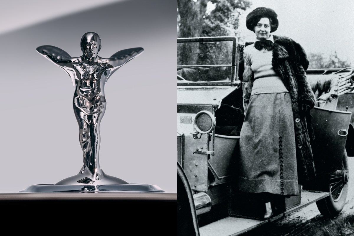 On the left, the redesigned Spirit of Ecstasy automotive mascot, or hood ornament, introduced by Rolls-Royce Motor Cars in 2022. On the right, Eleanor Thornton, who lived from 1880 to 1915, and was the inspiration behind the figurine.