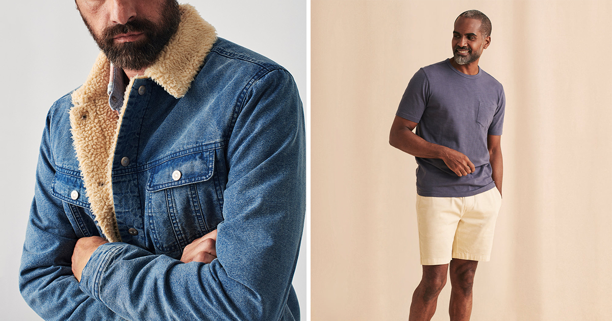 A man wearing Faherty's sherpa-lined denim jacket and the brand's Essential Shorts. The clothing company is throwing an End of Season Sale over President's Day weekend in February 2022. We've rounded up the best deals.