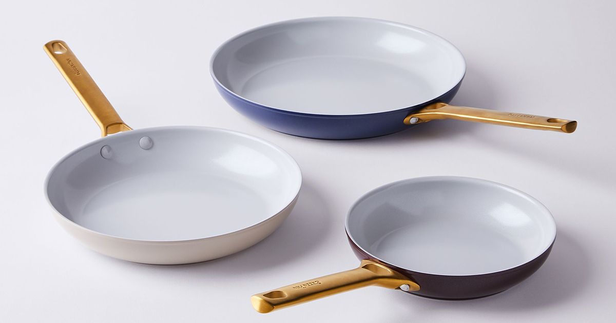 Three ceramic nonstick pans from Food52 and GreenPan. The pans are currently on sale for 24% off.