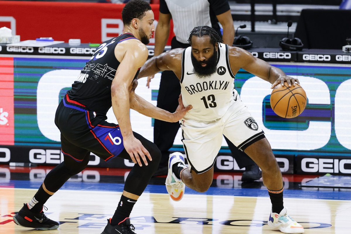 James Harden drives against Ben Simmons in Philadelphia. The Brooklyn Nets just traded Harden to the Philadelphia 76ers for Ben Simmons, as well as a few other players and picks in the equation.