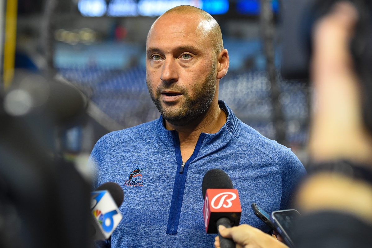 Ex-Miami Marlins CEO Derek Jeter speaks to the media before the start of a 2021 game in Florida. According to a new report, Jeter could land at ESPN if he decides to move to TV after being CEO of the Marlins.