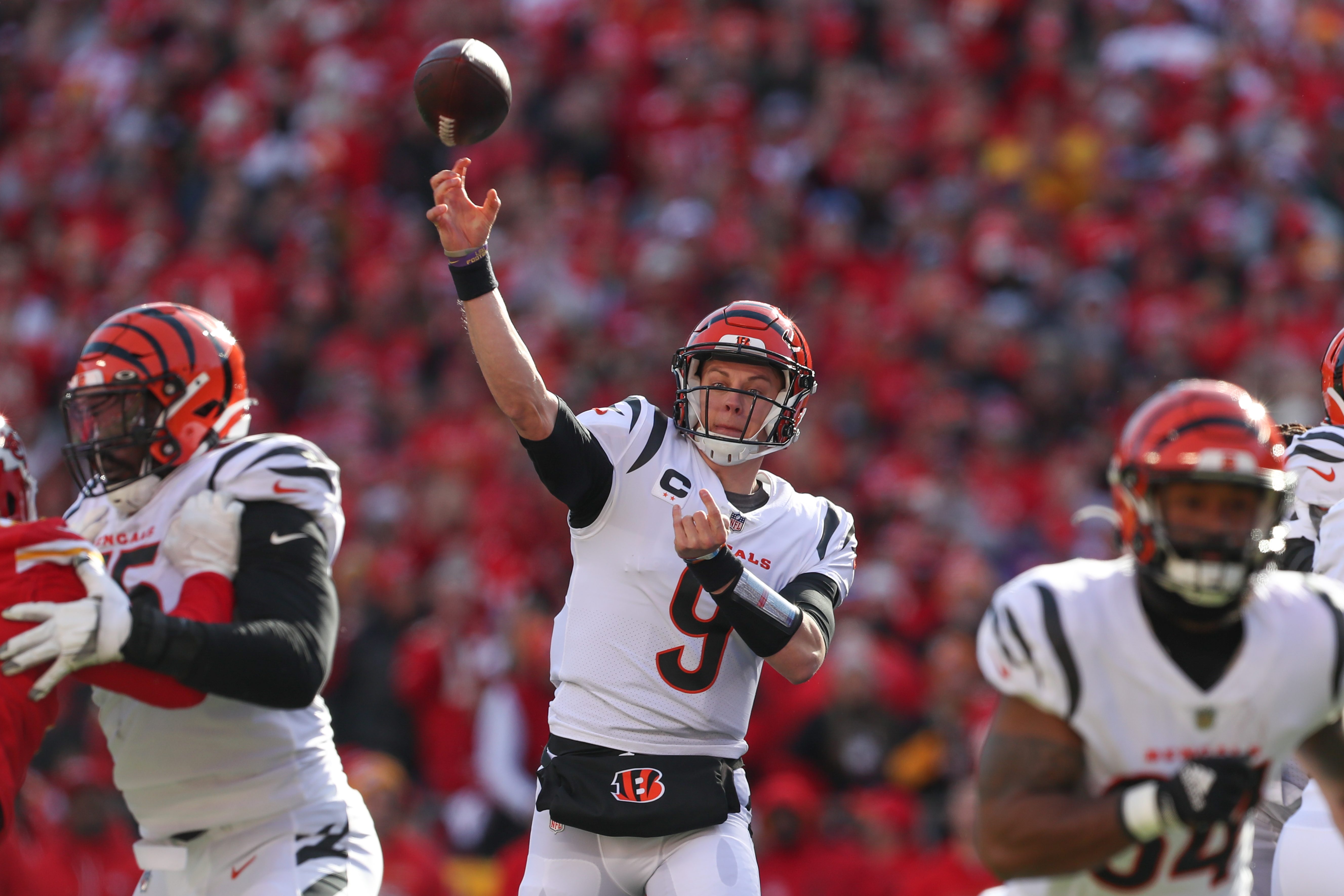 Cincinnati Bengals quarterback Joe Burrow passes from the pocket in the AFC Championship game