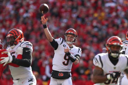 Cincinnati Bengals quarterback Joe Burrow passes from the pocket in the AFC Championship game