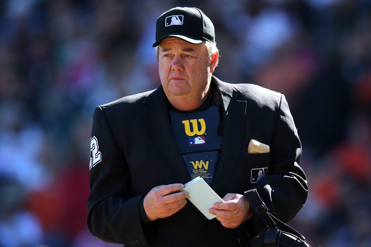 Retiring MLB umpire Joe West works a game between the San Diego Padres and San Francisco Giants