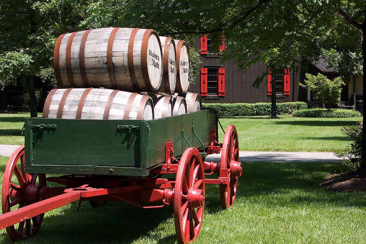 Oak barrels on carriage Maker's Mark Distillery Loretto Kentucky USA.