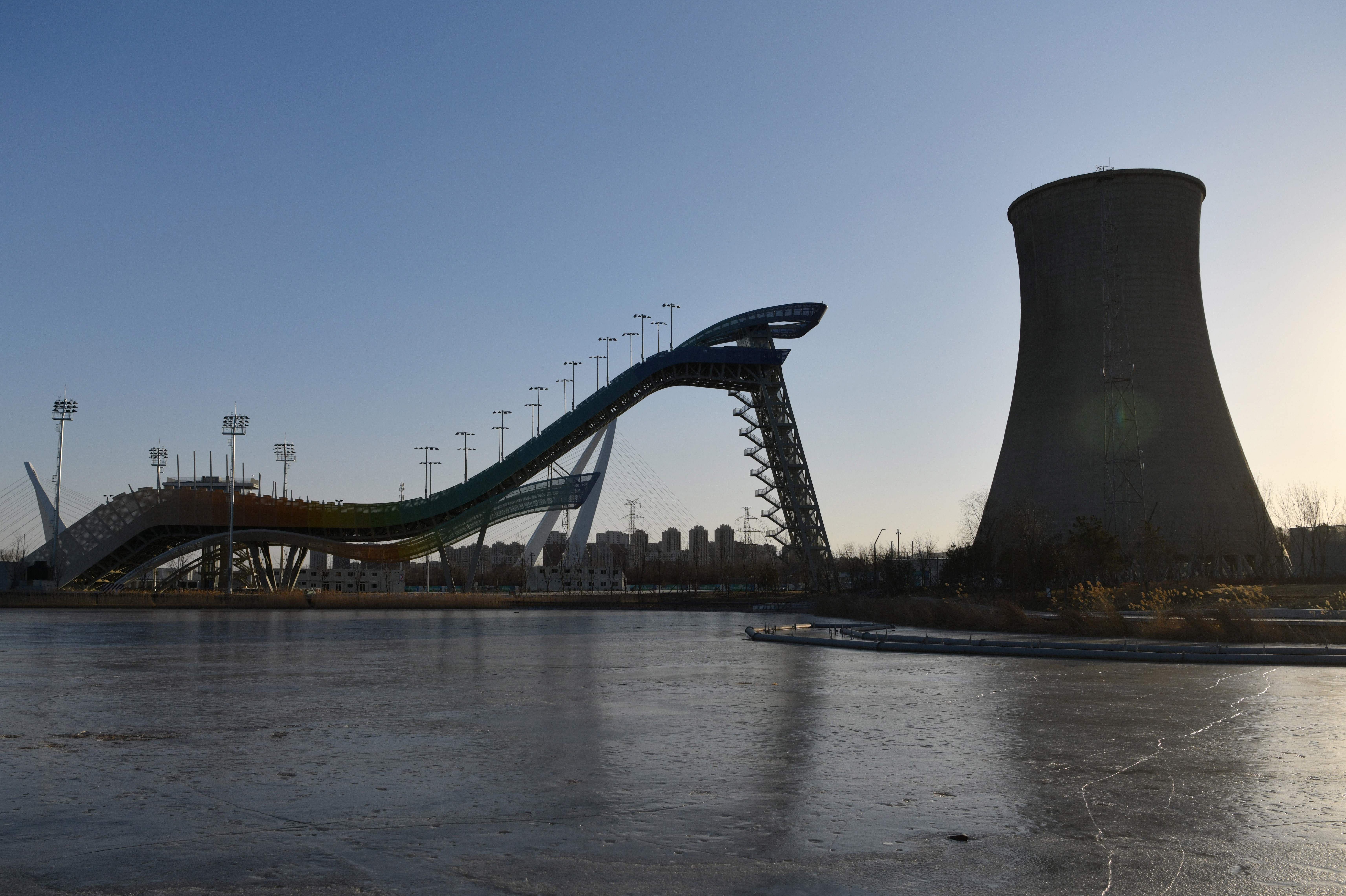 The Shougang Big Air venue at the 2022 Winter Olympics in Beijing. While some people think there's a nuclear power plant in the area, it's actually a defunct steel factory.