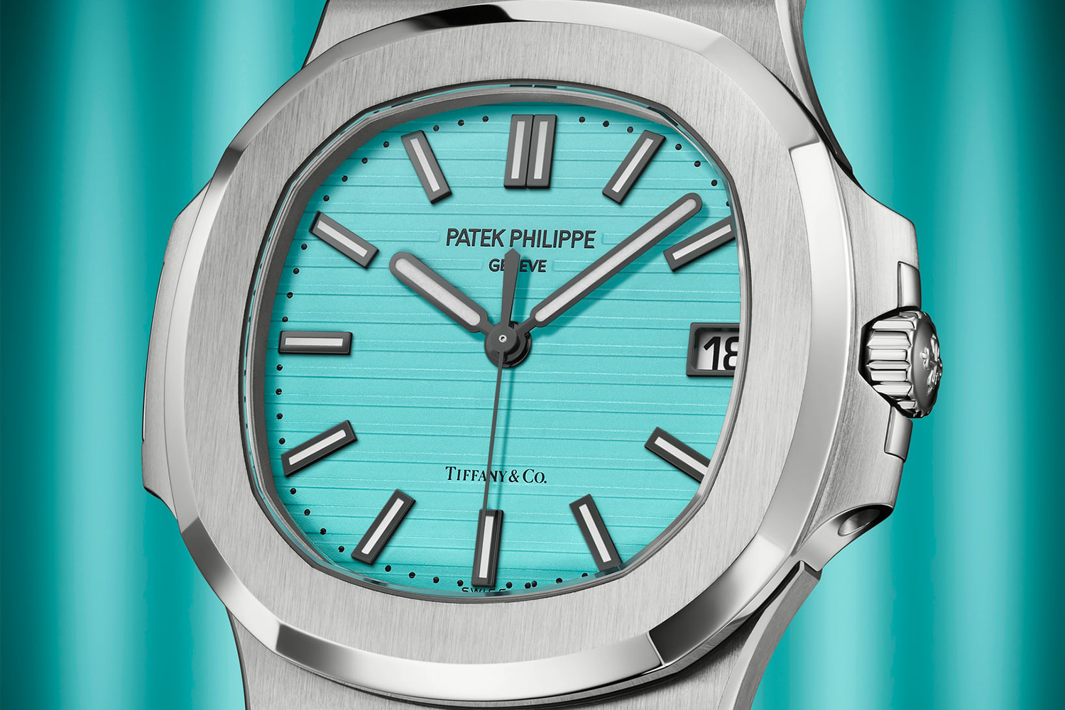 A close-up of the Tiffany Blue dial on the Patek Philippe Nautilus ref. 5711 that was made in collaboration with Tiffany & Co.