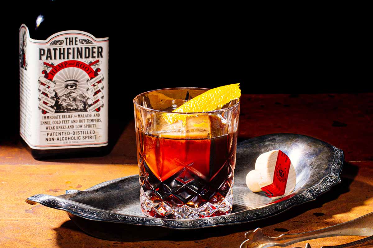 An Old Fashioned made from The Pathfinder, a n/a hemp spirit that actually works well in boozy cocktails