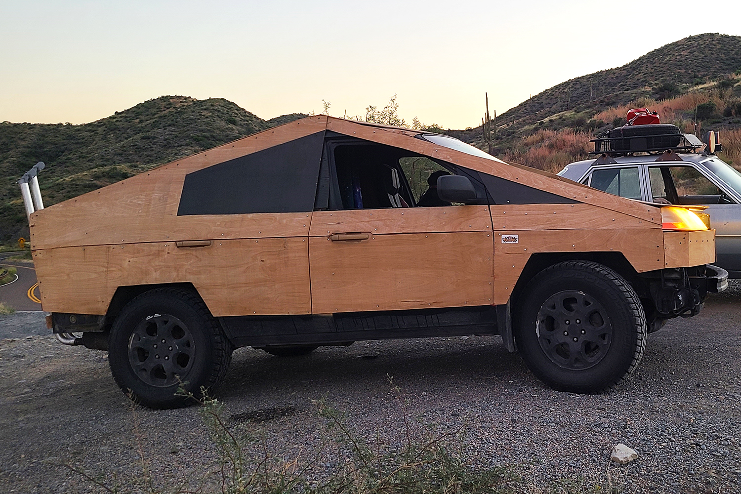 The Plybertruck, a homemade Cybertruck based on an Acura MDX and covered in plywood. We spoke to the owner Rachel Berge who drives it around Joseph City in Arizona.