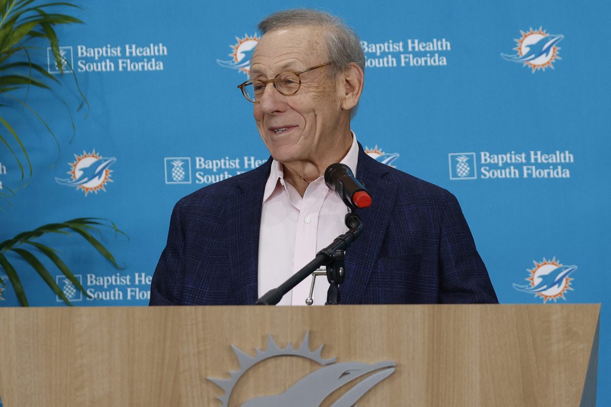 Stephen Ross of the Miami Dolphins talks to the media. A new report states that fellow NFL owners could vote Ross out of his position if the allegations from former Dolphins coach Brian Flores are true.