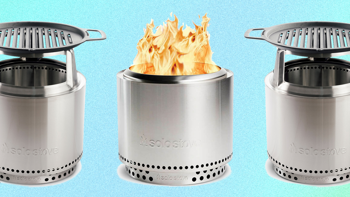 Three stainless steel Bonfire firepits from Solo Stove, one with a roaring fire and two with cast iron grills on top