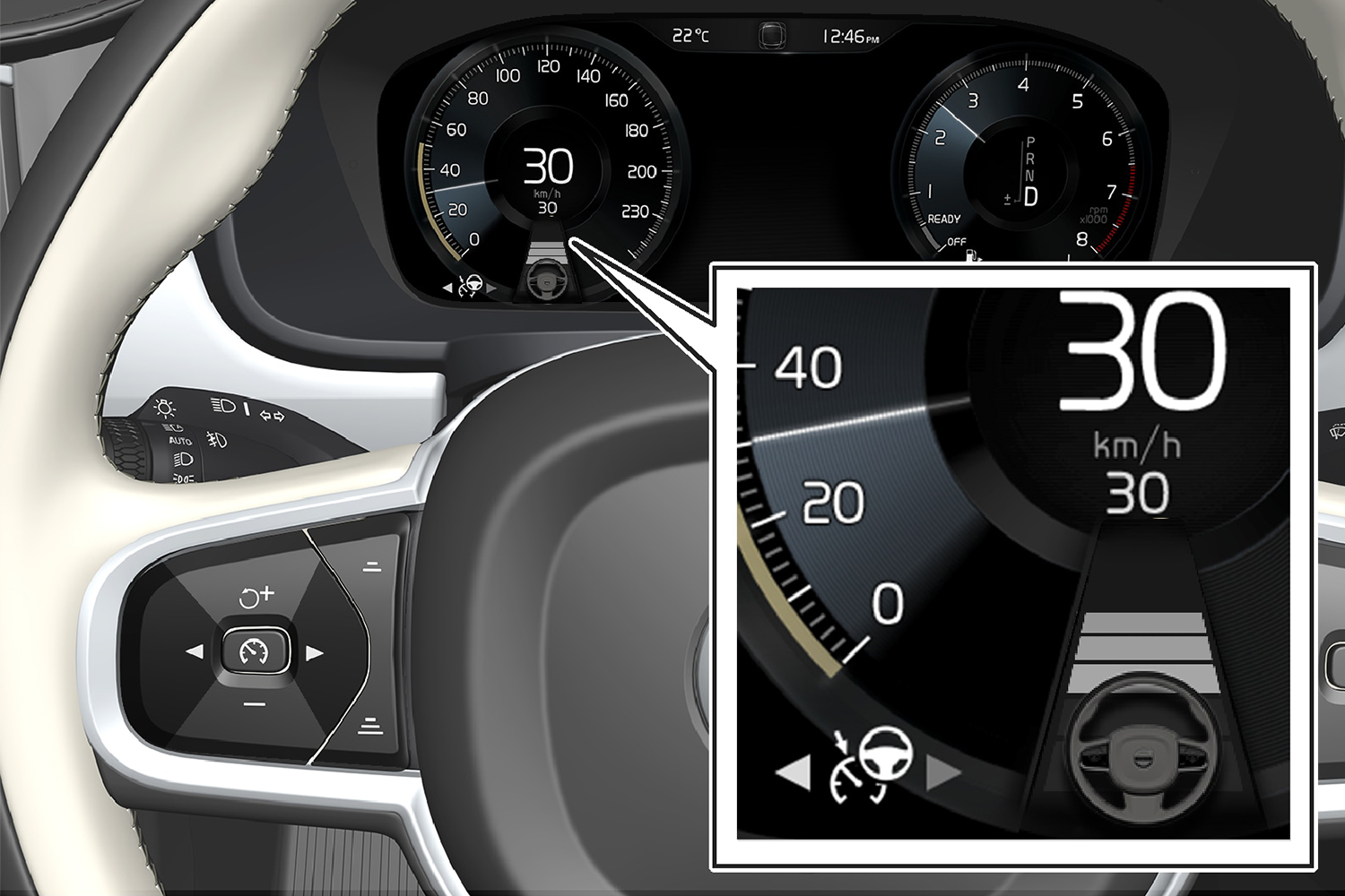 The Volvo Pilot Assist symbol in the gauge cluster, showing a grey steering wheel icon when the system is running but steering assistance is not active