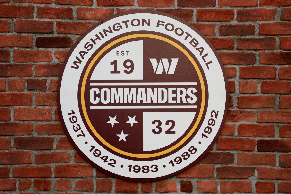 The Washington Commanders logo at FedExField. The Washington team rebranded itself on Feb. 2.