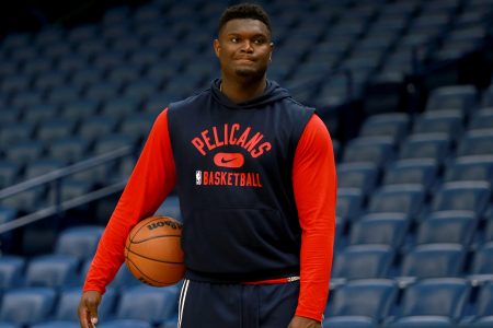 Zion Williamson #1 of the New Orleans Pelicans stands on the court prior to the start of an NBA game
