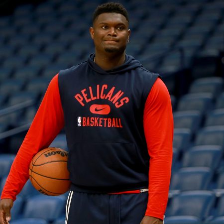 Zion Williamson #1 of the New Orleans Pelicans stands on the court prior to the start of an NBA game