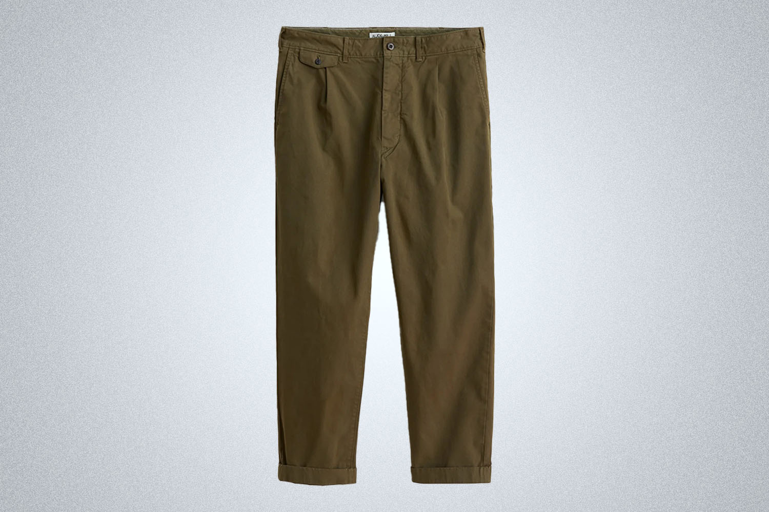 a pair of green Alex Mill chinos on a grey background