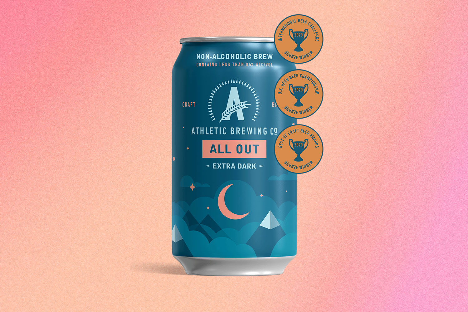 a non-alcoholic beer on a orange-pink background