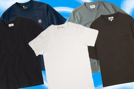 a collage of heavy tees on a sky blue background
