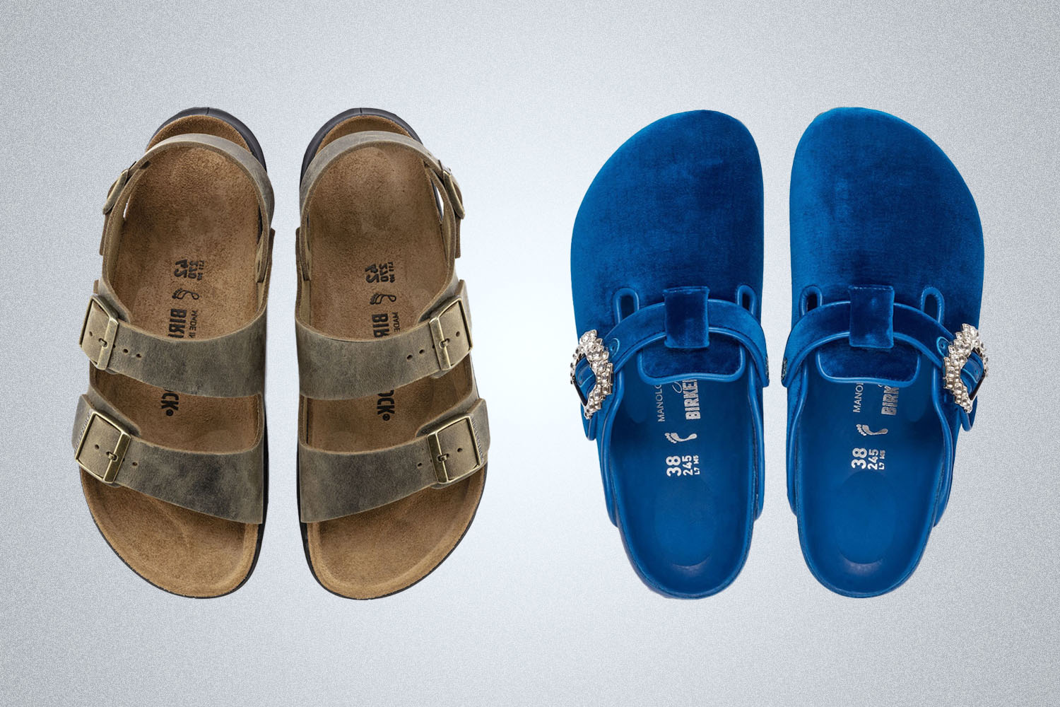 a pair of outdoor and Manolo Birkenstock