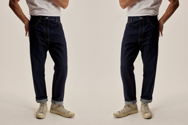 a reverse image of a moedel in buck mason jeans 