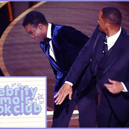Will Smith Slapping Chris Rock at the Oscars with Celebrity Memoir Bookclub logo on the left corner