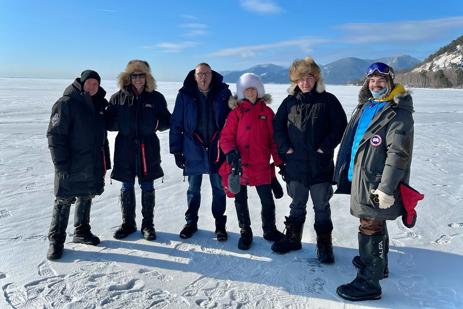 The DefenderX team on frozen Lake Baikal in Russia, including Mikael Strandberg, Steve Brooks, Jeff Willner, Sofie Rørdam, Edward Adrian-Vallance and Misha Vikhrov.