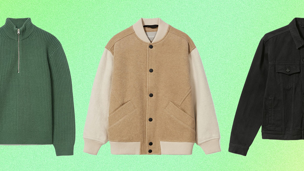 A collage of Everlane items on a green background