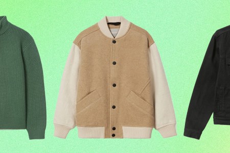 A collage of Everlane items on a green background