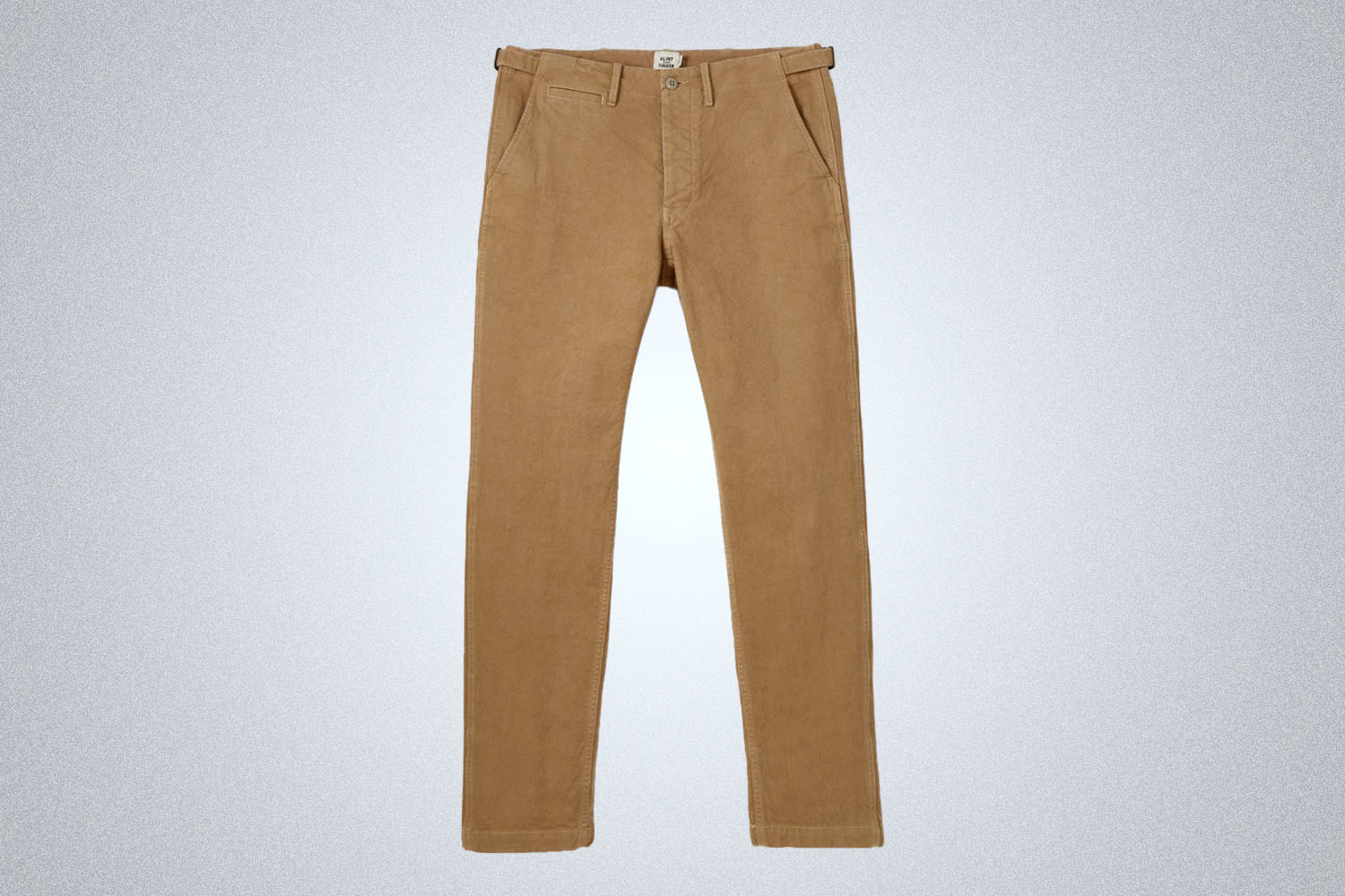 a pair of chino trousers on a grey background