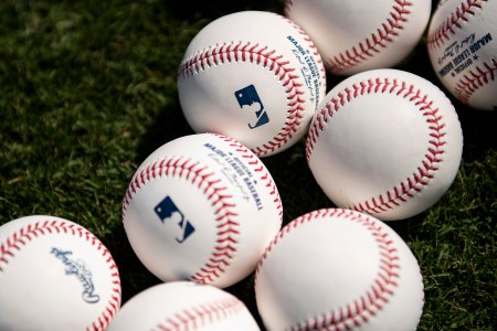 Baseballs are displayed during a Boston Red Sox spring training team workout on March 14, 2022. MLB just announced the Home Run Derby X Tour, which sounds extremely dumb.