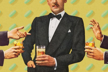 A gentlemen holding a cocktail conversing. There are a pair of hands holding drinks on the left and right.