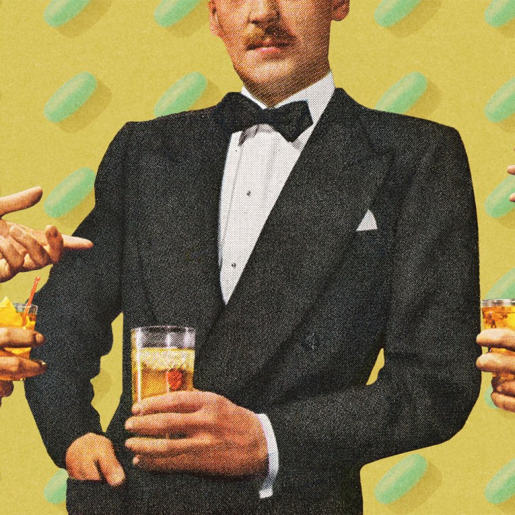 A gentlemen holding a cocktail conversing. There are a pair of hands holding drinks on the left and right.