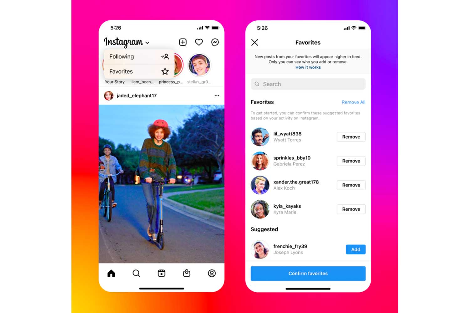 A screenshot of a smartphone showing Instagram's new Following and Favorites options for your feed, both released in March 2022.