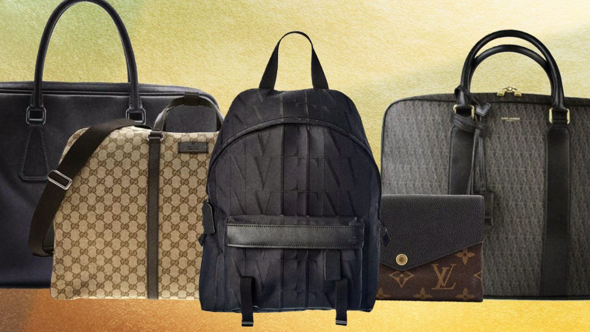 a collage of luxury bags on a gradient background