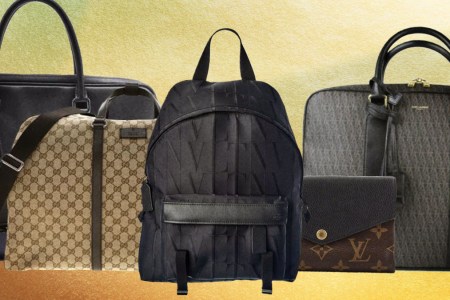 a collage of luxury bags on a gradient background