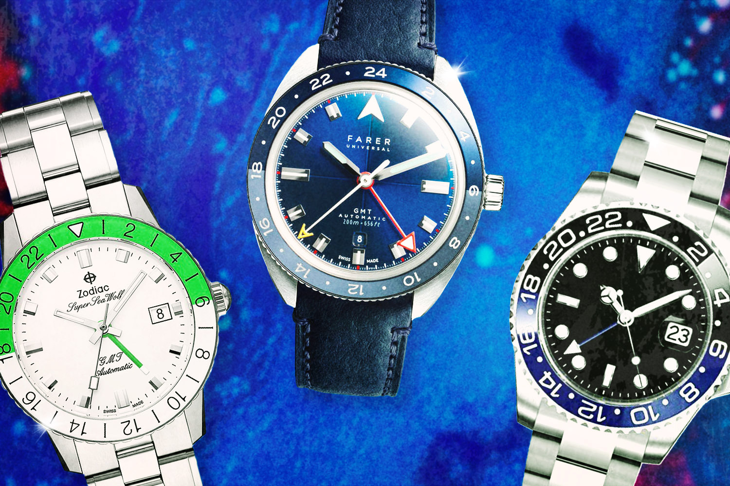 three watches on a blue background