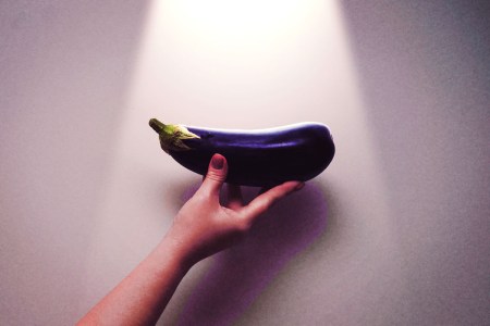 A hand holds and eggplant under a spotlight
