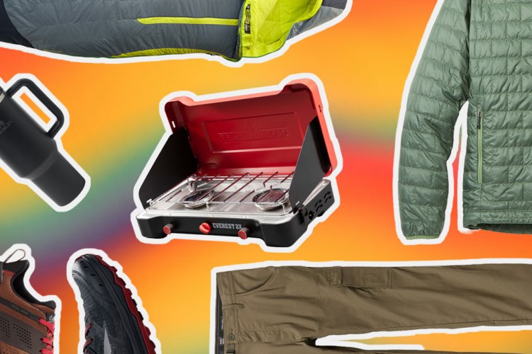 a collage of items from the REI member-only sale on a yellow background