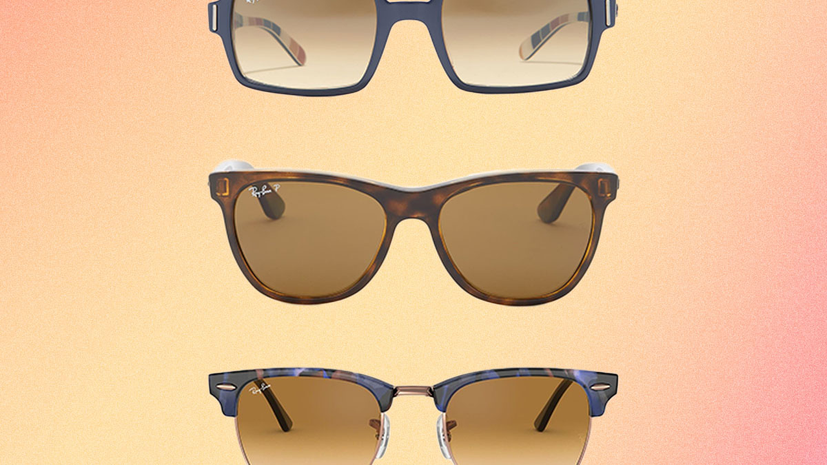 A collage of Ray-Ban sunglasses on a orange-yellow-pink background. The sunglasses are currently on sale at Nordstrom Rack in March 2022.
