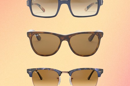 A collage of Ray-Ban sunglasses on a orange-yellow-pink background. The sunglasses are currently on sale at Nordstrom Rack in March 2022.