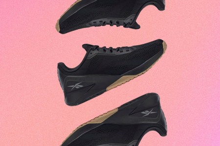 a pair of sneakers collaged on a pink background