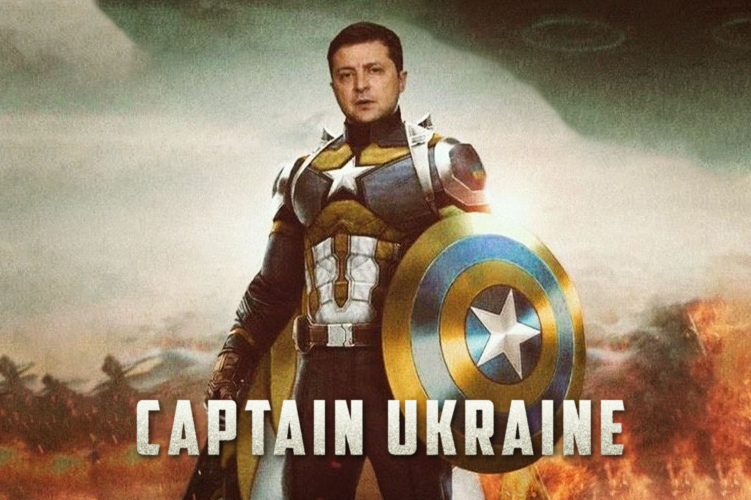 A photo of Volodymyr Zelensky photoshopped onto Marvel's Captain America