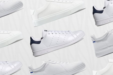 A collage of white sneakers
